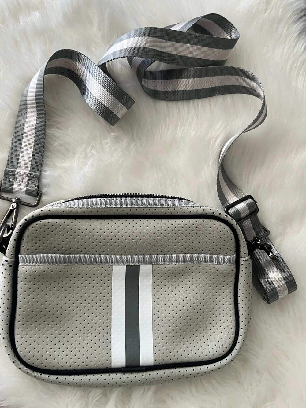 HAUTE SHORE Gray Perforated Crossbody with Striped Strap
